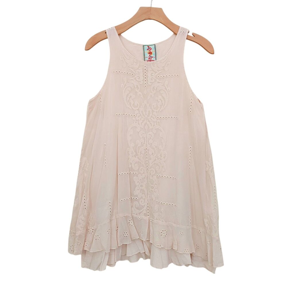 Johnny Was Womens Small Peach Sleeveless Embroidered Boho Romantic Mini Dress
